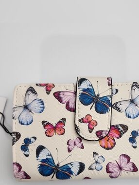 Cream Butterfly Print Women's Wallet with Blue & Pink Accents